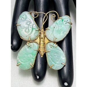 Vintage Carved Green Jade Butterfly Brooch Gold Tone Silver Accent Statement Pin